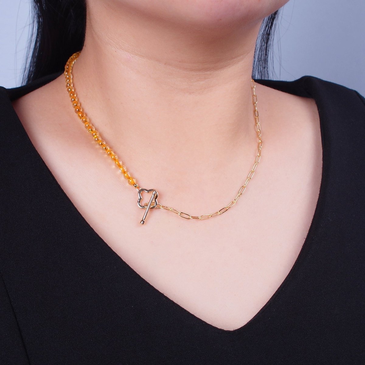 Dainty Half Bead Half Link Chain Necklace, 24k Gold plated Paperclip Chain with Yellow Quartz Necklace | WA-962 Clearance Pricing - DLUXCA