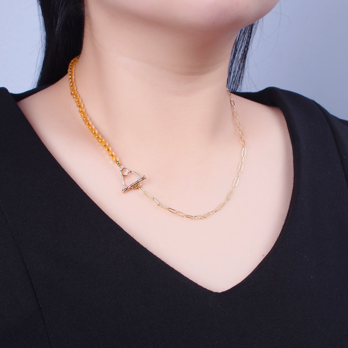 Dainty Half Bead Half Link Chain Necklace, 24k Gold plated Paperclip Chain with Yellow Quartz Necklace | WA-964 Clearance Pricing - DLUXCA