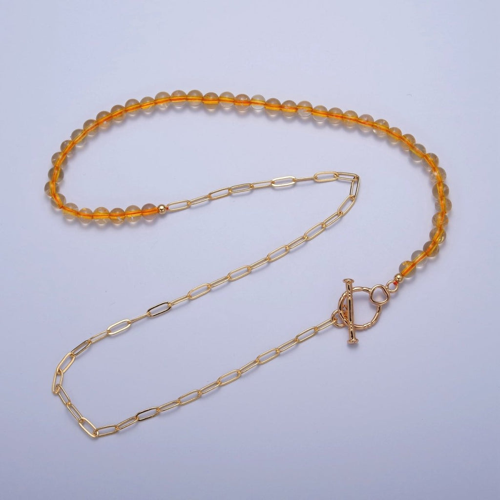 Dainty Half Bead Half Link Chain Necklace, 24k Gold plated Paperclip Chain with Yellow Quartz Necklace | WA-964 Clearance Pricing - DLUXCA