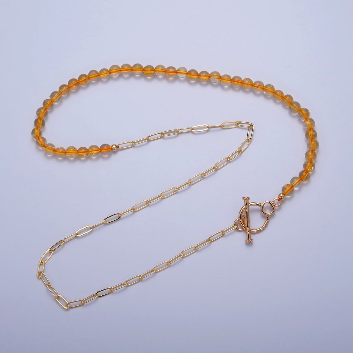 Dainty Half Bead Half Link Chain Necklace, 24k Gold plated Paperclip Chain with Yellow Quartz Necklace | WA-964 Clearance Pricing - DLUXCA