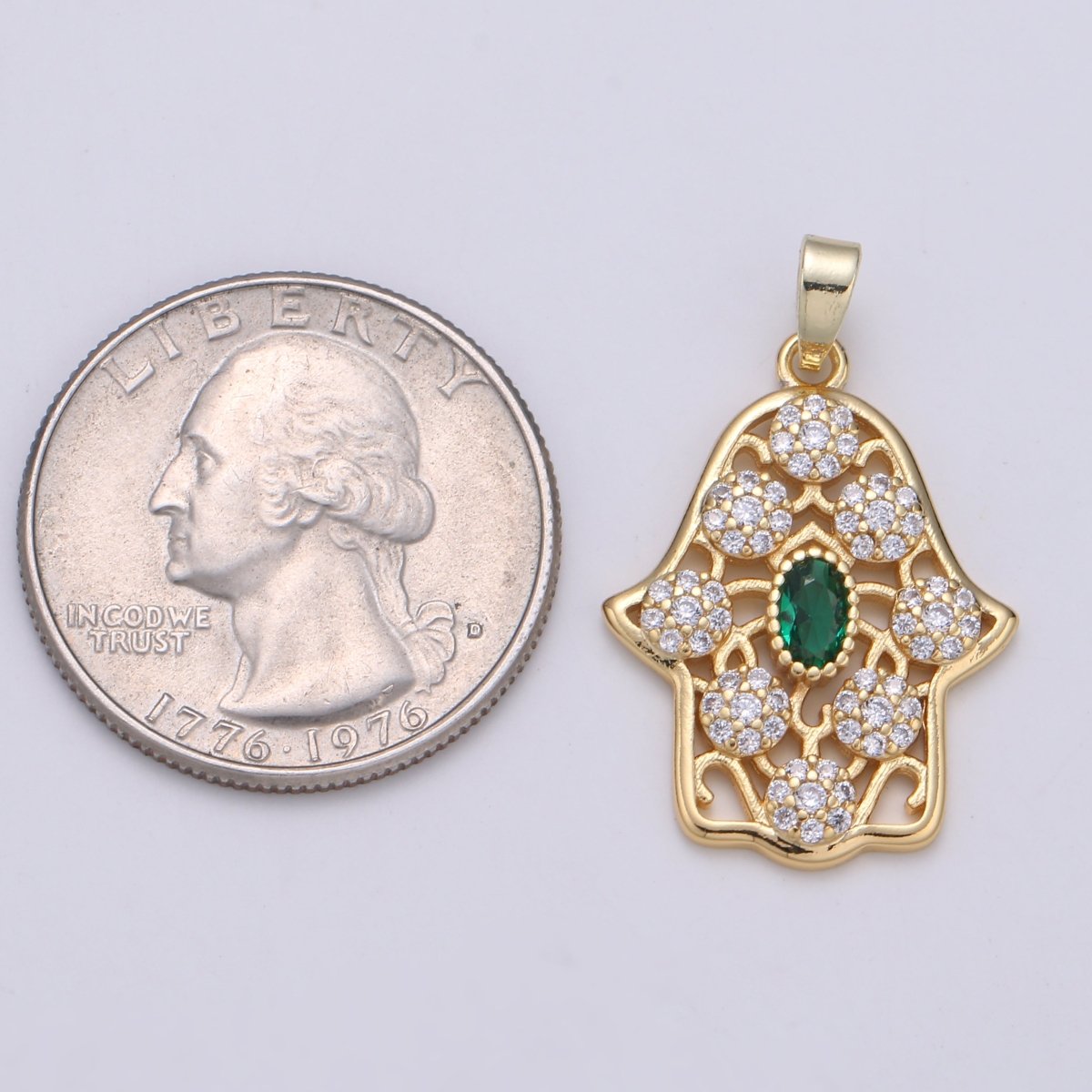 Dainty Hamsa Hand 14K Gold plated CZ Hamsa Charm, Micro Pave Cubic Green Emerald Hamsa Hand Charm for Necklace Bracelet Component J-267 - DLUXCA