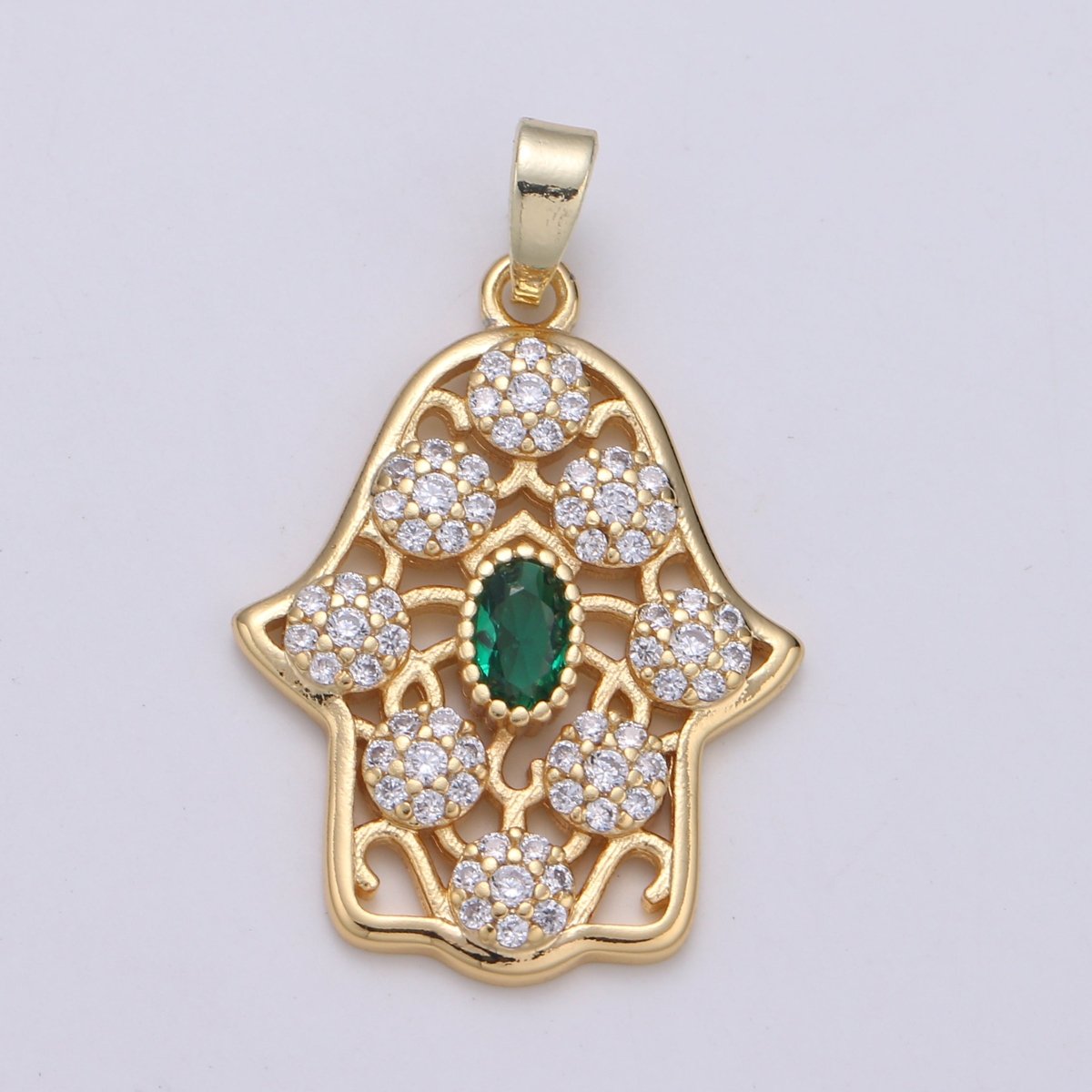 Dainty Hamsa Hand 14K Gold plated CZ Hamsa Charm, Micro Pave Cubic Green Emerald Hamsa Hand Charm for Necklace Bracelet Component J-267 - DLUXCA