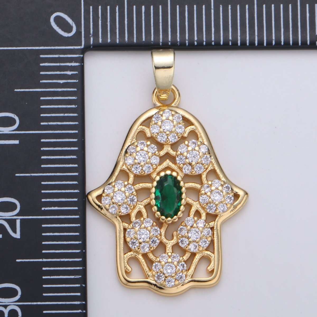 Dainty Hamsa Hand 14K Gold plated CZ Hamsa Charm, Micro Pave Cubic Green Emerald Hamsa Hand Charm for Necklace Bracelet Component J-267 - DLUXCA