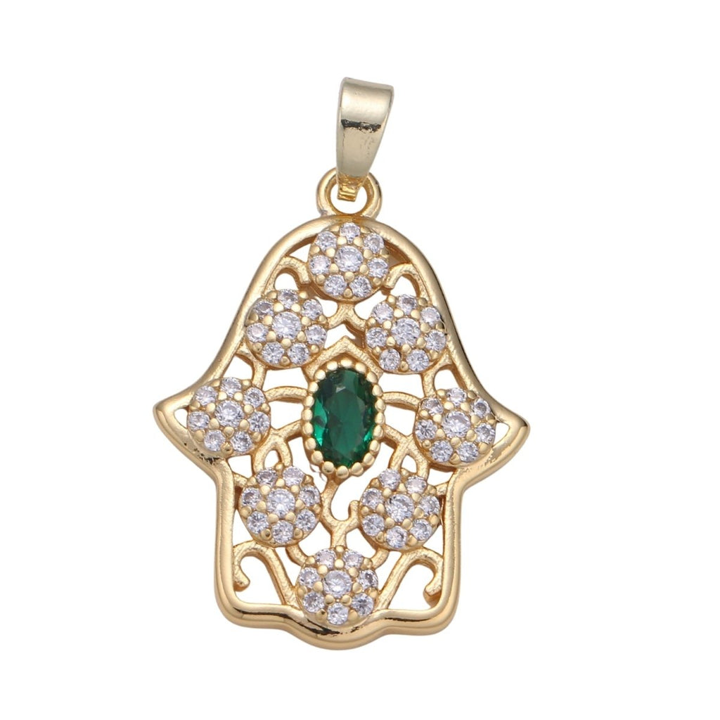 Dainty Hamsa Hand 14K Gold plated CZ Hamsa Charm, Micro Pave Cubic Green Emerald Hamsa Hand Charm for Necklace Bracelet Component J-267 - DLUXCA