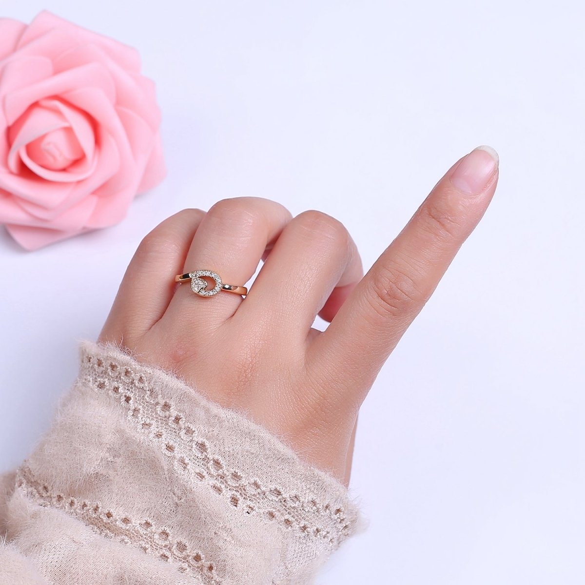 Dainty Heart 14k Gold plated Ring Clear Micro Pave Cubic Zirconia Setting Dainty Jewelry S-534 - DLUXCA