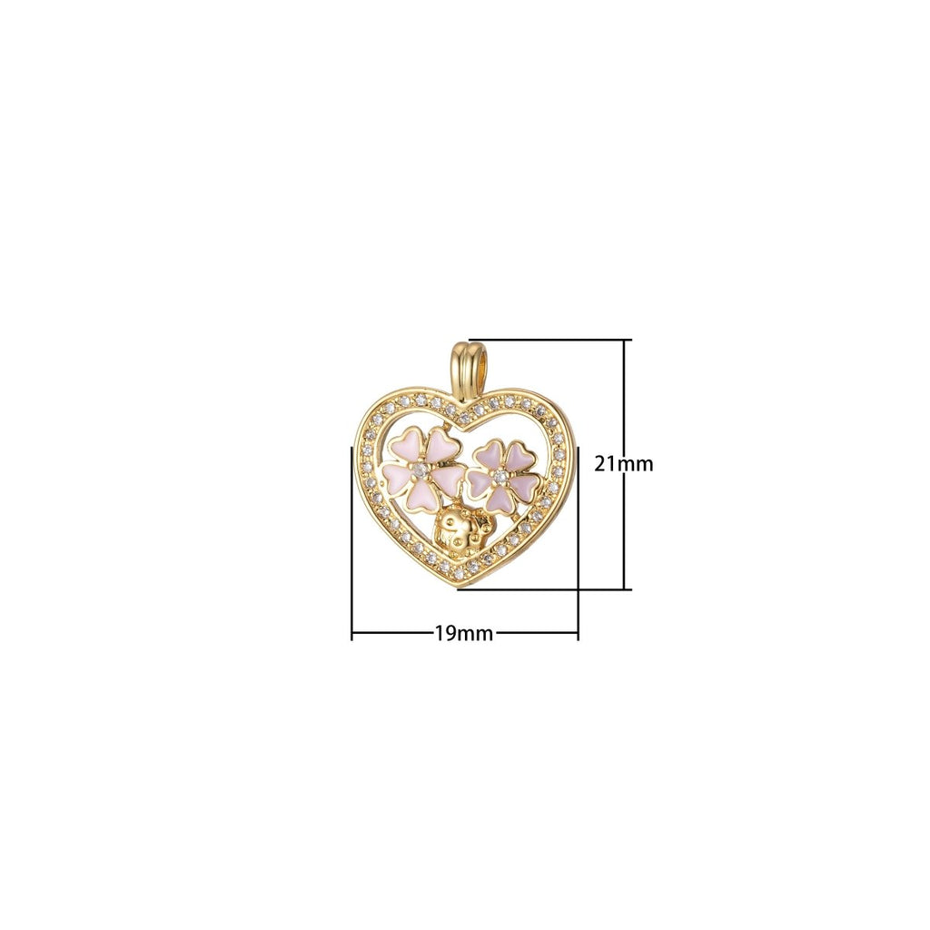 Dainty Heart Charm Pink Clover Pendant Enamel Charm for necklace bracelet component J-837 - DLUXCA