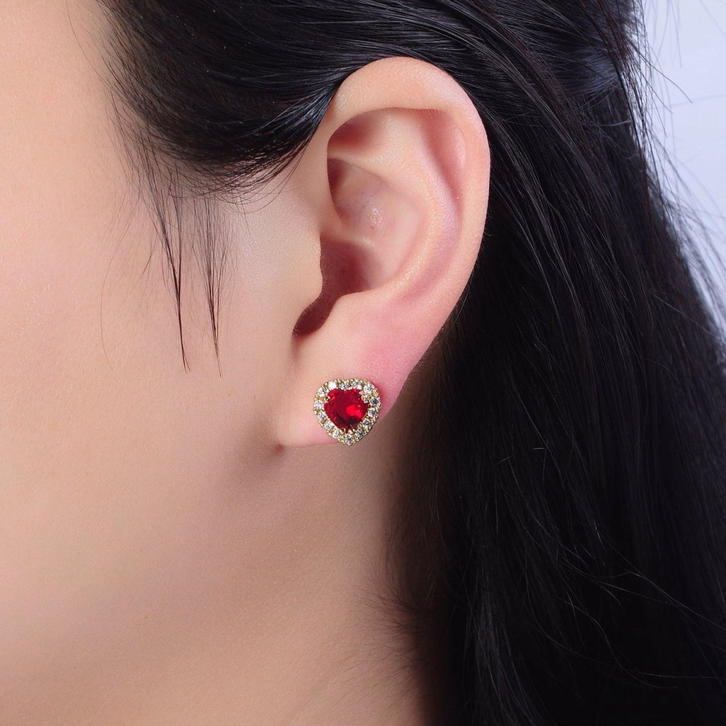 Dainty Heart Stud Earring Red Green Purple Pink CZ Stone V-178 V-179 V-180 - DLUXCA