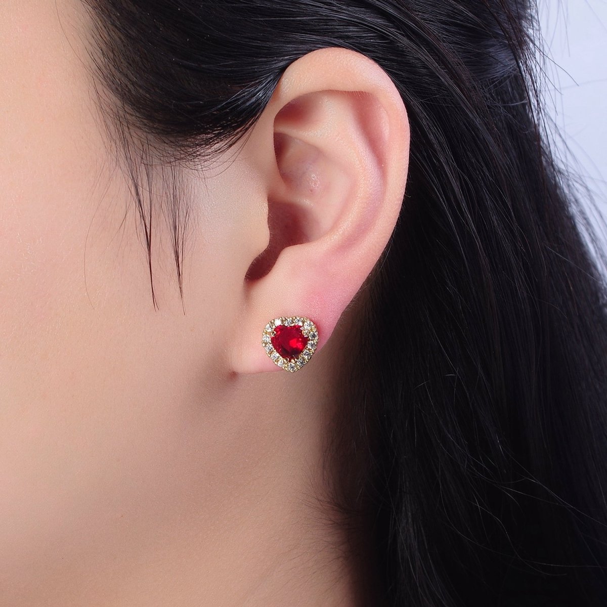 Dainty Heart Stud Earring Red Green Purple Pink CZ Stone V-178 V-179 V-180 - DLUXCA