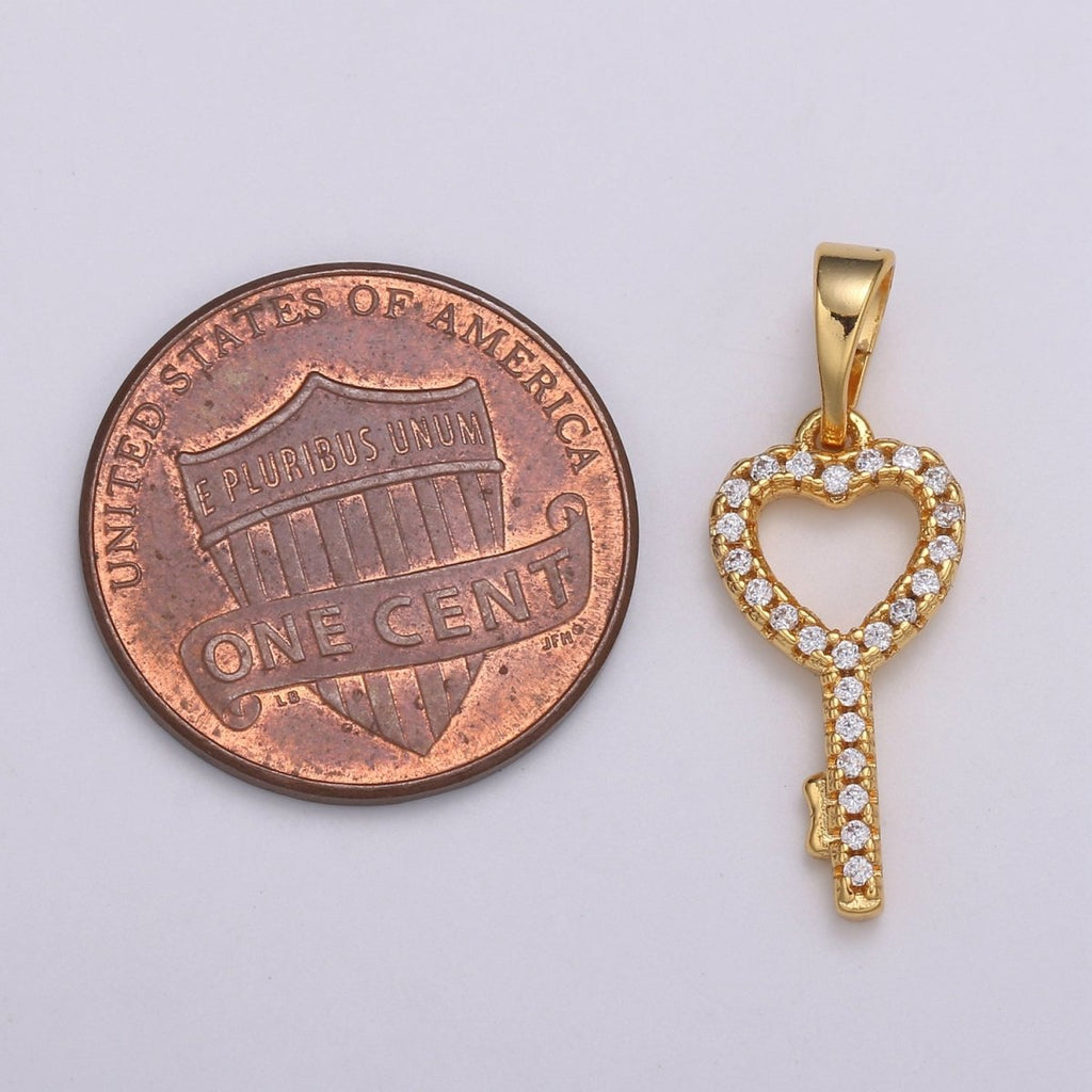 Dainty Key Charm 24K Gold plated Micro Pave CZ Pendant H-053 - DLUXCA