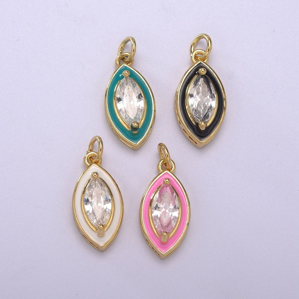 Dainty Leaf Clear CZ Enamel Colorful Eye Shape Pendant 14K Gold plated Enamel Charm, Necklace Bracelet Component M-682 - M-685