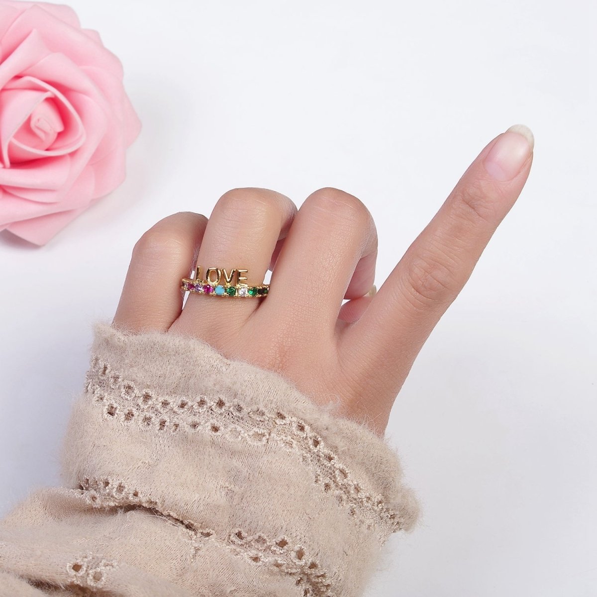 Dainty Love Script with Color CZ Stone Ring Gold Ring O-2108 - DLUXCA