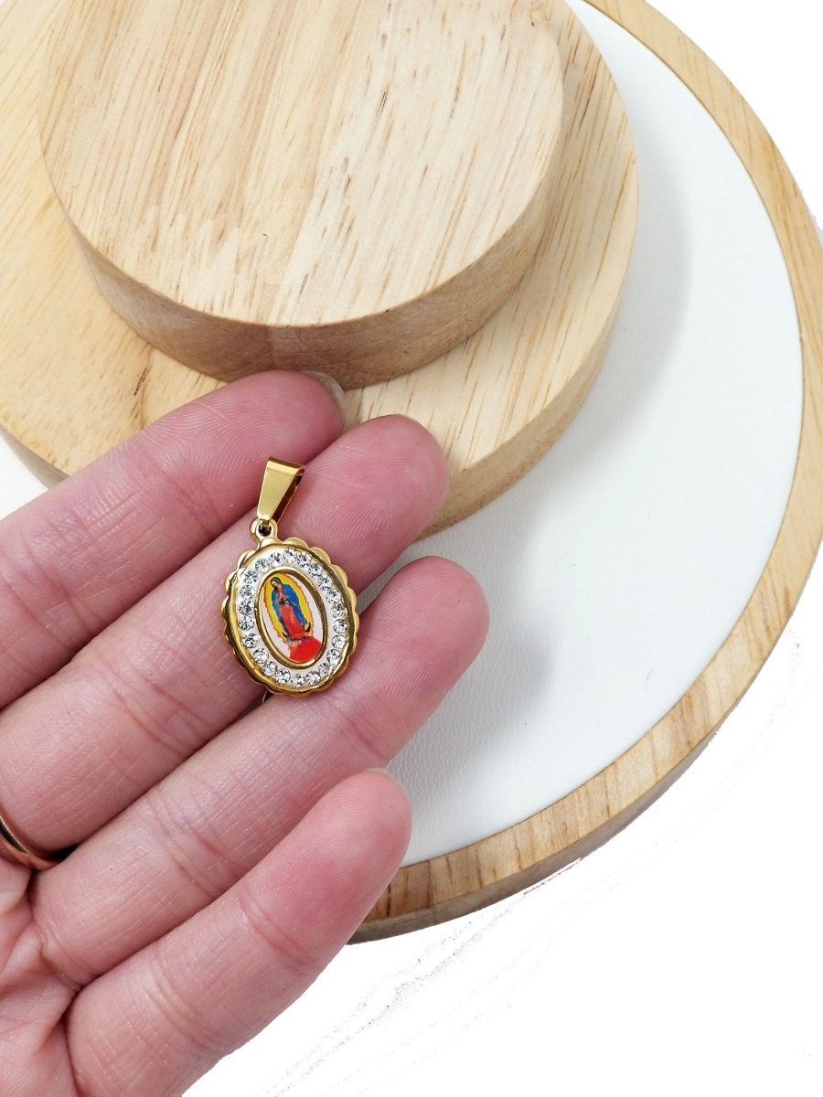 Dainty Madonna Charm, Virgin Mary Charm in 18K Gold plated w/CZ, 25mmX15mm Necklace Pendant Religious Jewelry Making Supply J-556 J-571 - DLUXCA