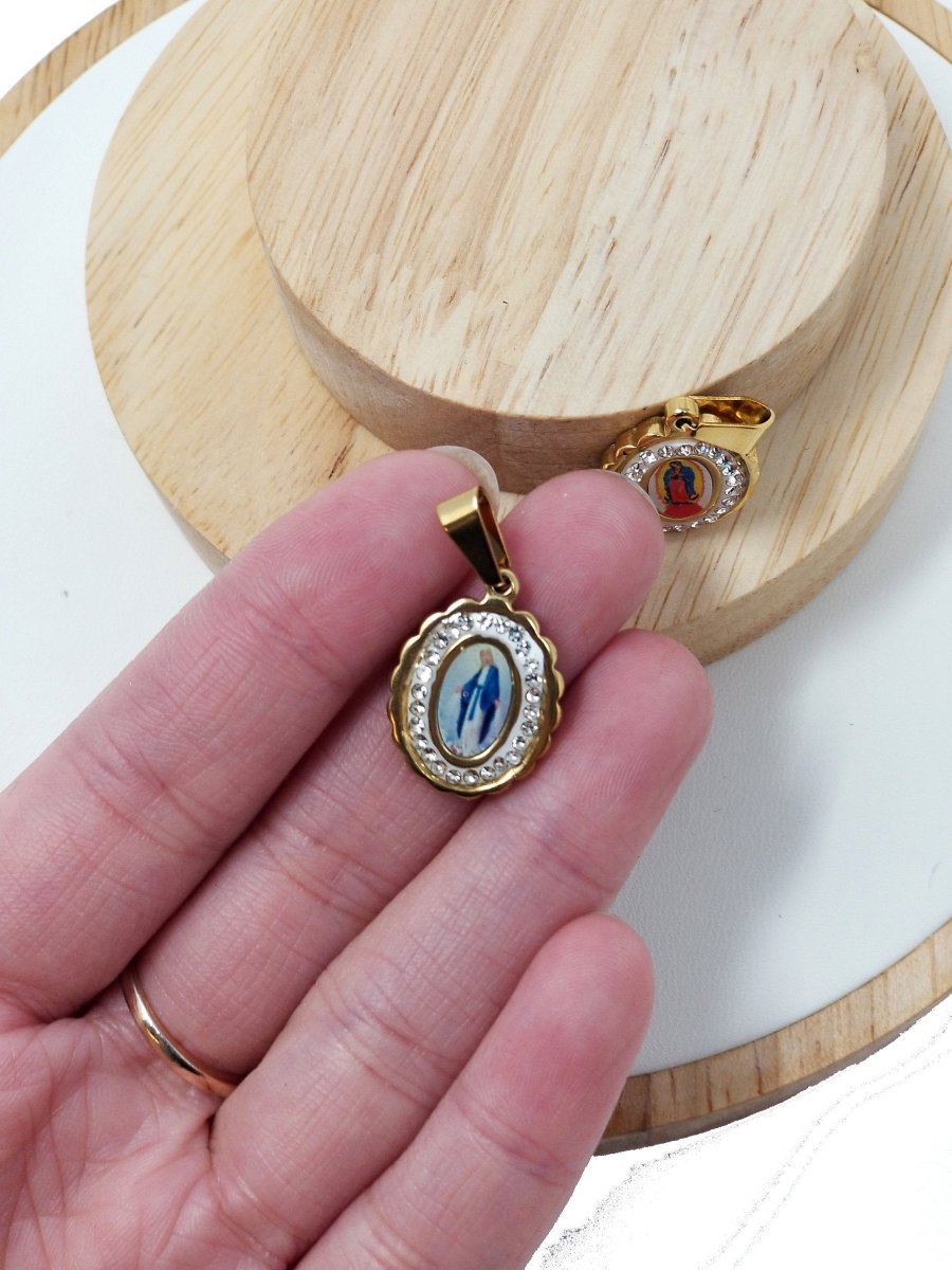 Dainty Madonna Charm, Virgin Mary Charm in 18K Gold plated w/CZ, 25mmX15mm Necklace Pendant Religious Jewelry Making Supply J-556 J-571 - DLUXCA