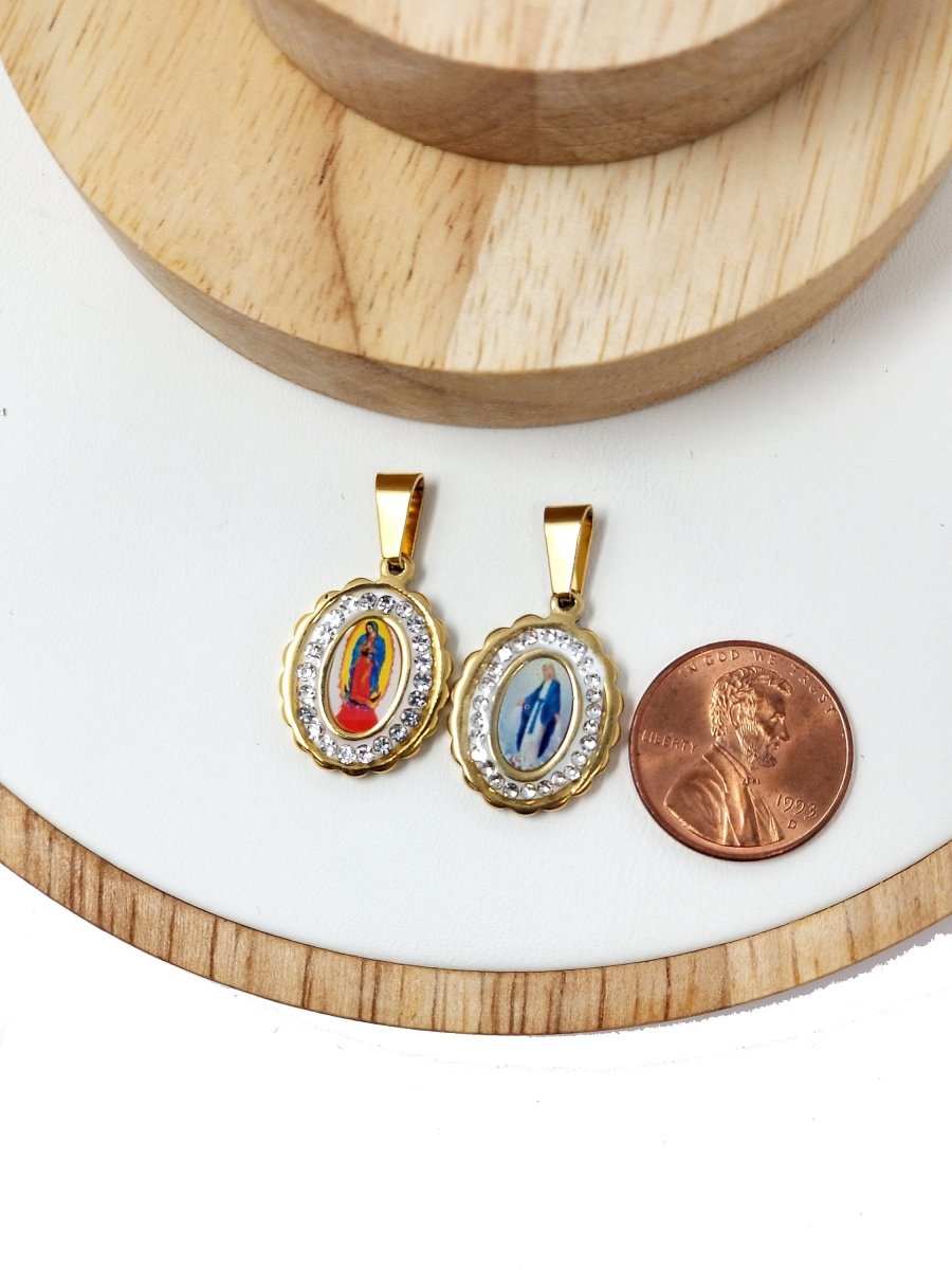 Dainty Madonna Charm, Virgin Mary Charm in 18K Gold plated w/CZ, 25mmX15mm Necklace Pendant Religious Jewelry Making Supply J-556 J-571 - DLUXCA