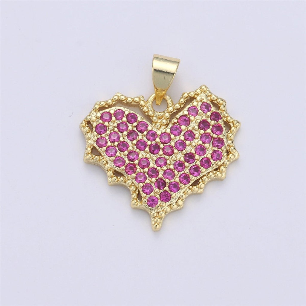 Dainty Magenta Micro Pave Heart Charm, Cubic Heart Shape Charm Gold Love Charm 25mm x 20mm for bracelet necklace earring charm Component I-356 - DLUXCA