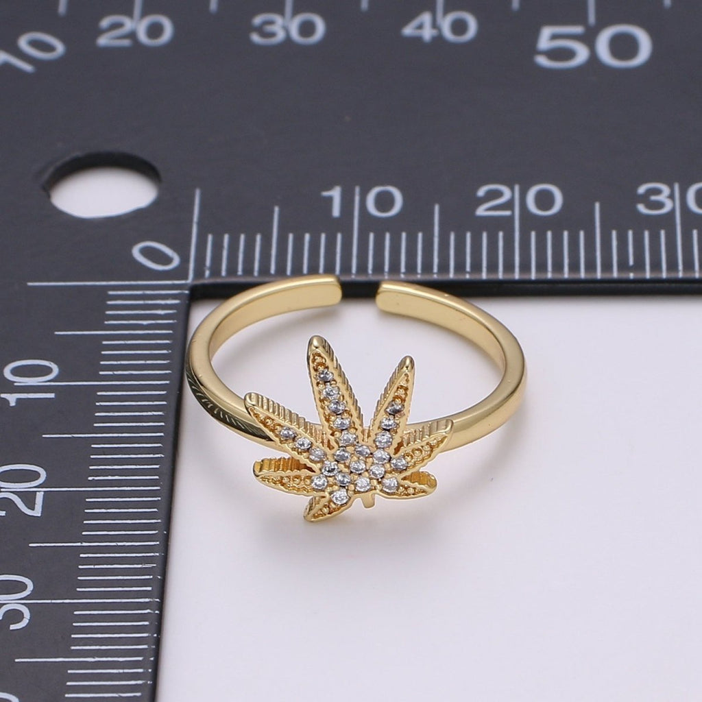 Dainty Mary Jane Ring | Studded Cannabis Ring | Marijuana Ring | Cubic Gold plated Open Ring Adjustable Ring Gift | Weed Ring | For Woman R331 - DLUXCA