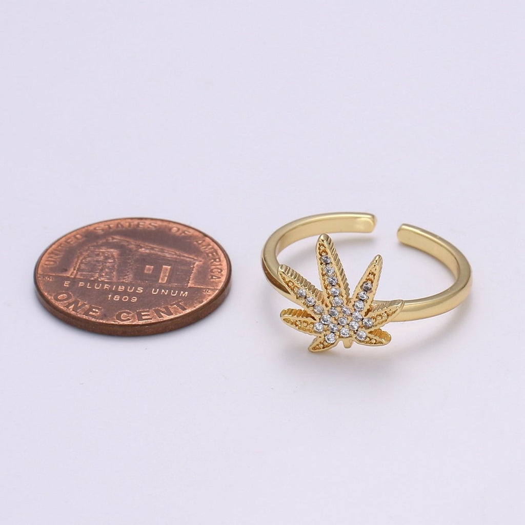 Dainty Mary Jane Ring | Studded Cannabis Ring | Marijuana Ring | Cubic Gold plated Open Ring Adjustable Ring Gift | Weed Ring | For Woman R331 - DLUXCA