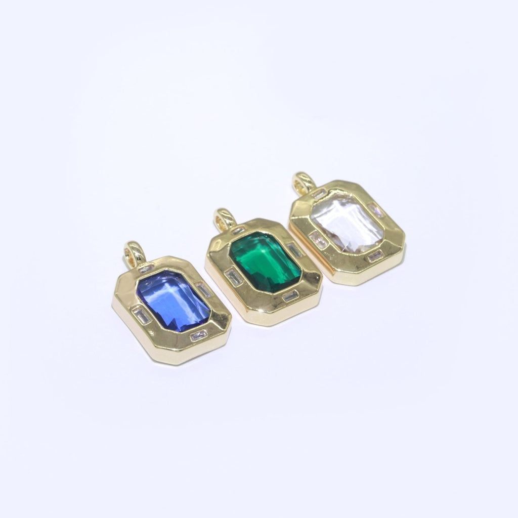 Dainty Medallion Charm Octagon Shape Pendant, 14K Gold plated CZ Cubic Zirconia Clear Blue Green Charm for Necklace Bracelet Component J-900~J-902