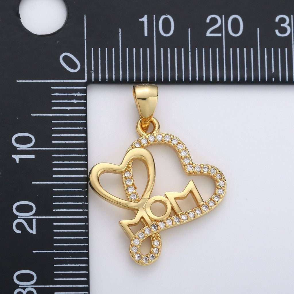 Dainty Mom Charm Pendant, Mother's Day Charms Pendants, Mom Heart, 14k Gold plated Charm Micro Pave Mom Charm Dangle Pendant I-669 - DLUXCA