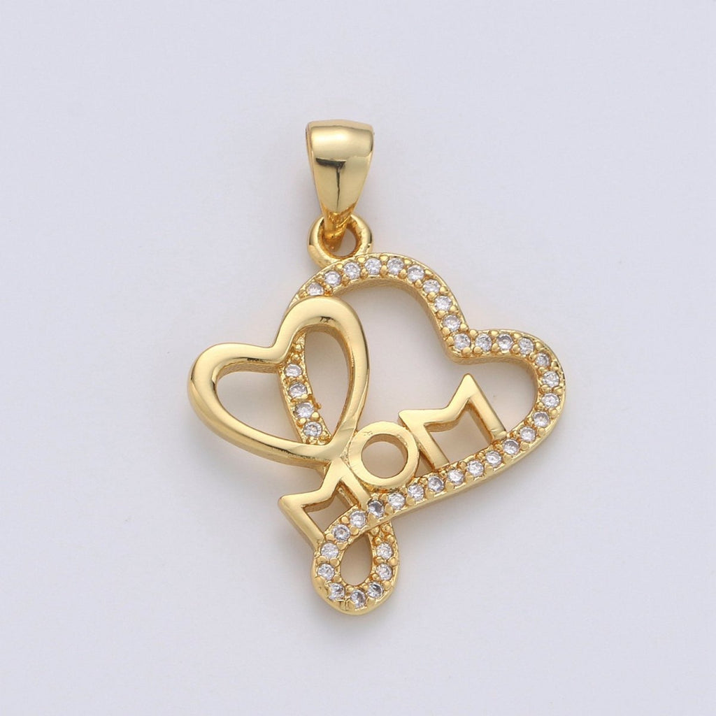 Dainty Mom Charm Pendant, Mother's Day Charms Pendants, Mom Heart, 14k Gold plated Charm Micro Pave Mom Charm Dangle Pendant I-669 - DLUXCA