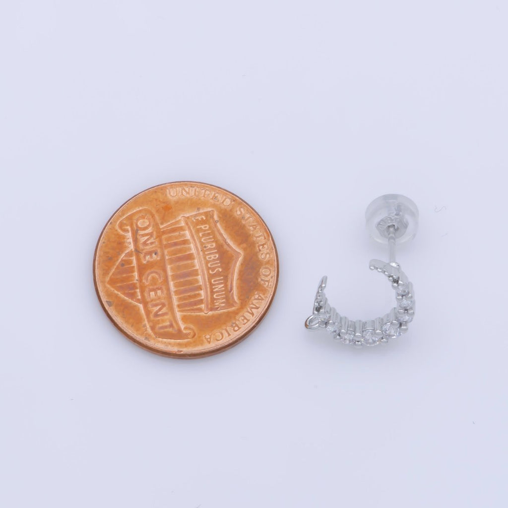 Dainty Moon Post Earring, Micro Pave Moon Stud with Open Link for Earring Jewelry Supplies Component in Silver plated K-256 - DLUXCA
