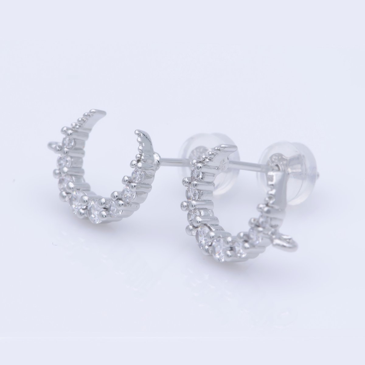 Dainty Moon Post Earring, Micro Pave Moon Stud with Open Link for Earring Jewelry Supplies Component in Silver plated K-256 - DLUXCA