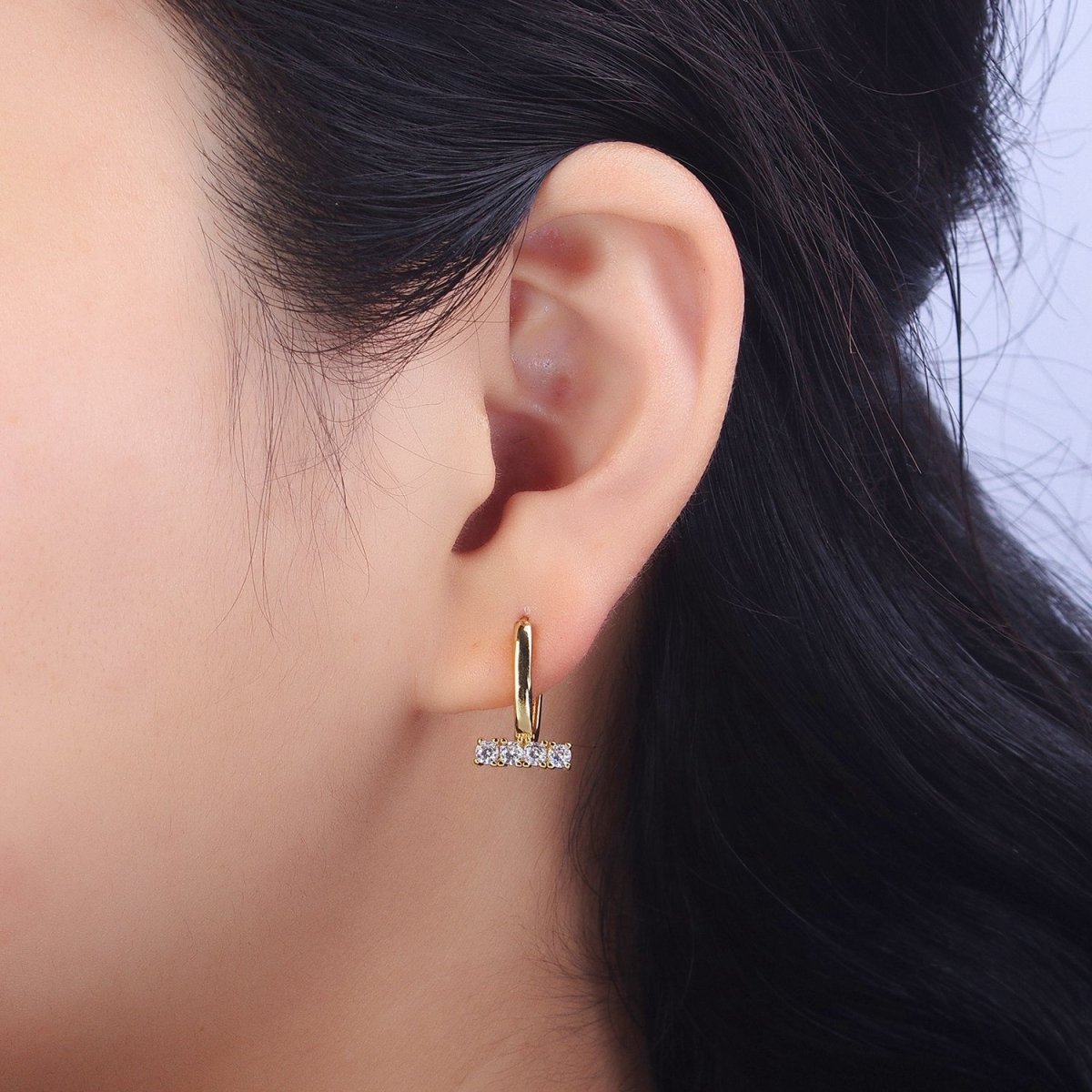 Dainty Oblong Rectangle Hoop Earring, Gold U Shape Huggie Hoop CZ Earrings AB192 - DLUXCA