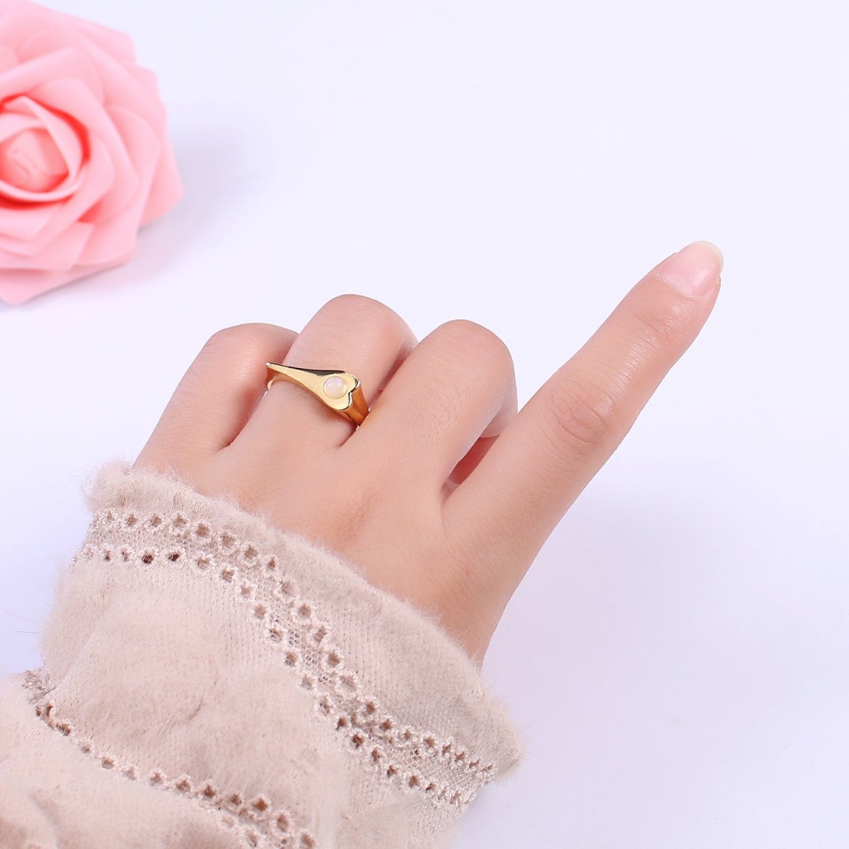 Dainty Opal Signet Long Heart Ring - Adjustable Gold plated Ring Minimalist Jewelry for Valentine U-226 - DLUXCA
