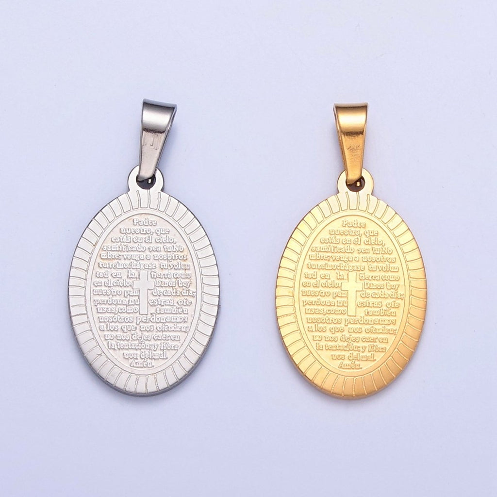 Dainty Oval Stainless Steel Pendant, Religious Pendant Engraved with the Lord's Prayer in Spanish I-529 I-759 - DLUXCA