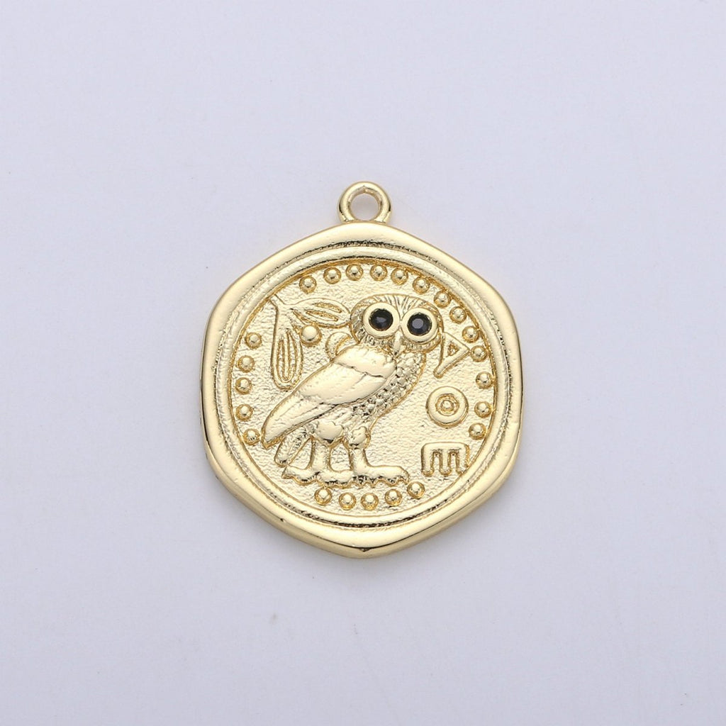 Dainty Owl Medallion Coin Pendant Gold plated Round Owl Charm Owl Medallion Bird Pendant Charms 22x18mm C-909 - DLUXCA