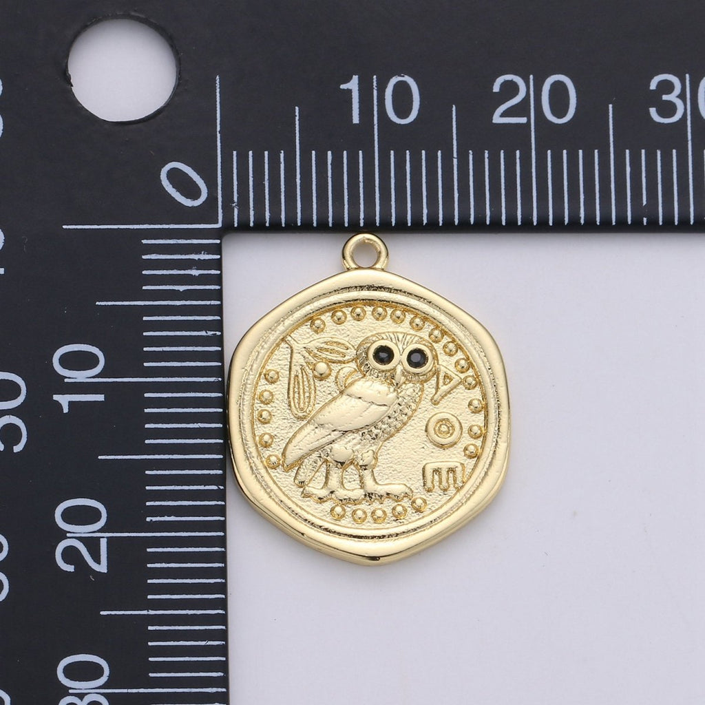 Dainty Owl Medallion Coin Pendant Gold plated Round Owl Charm Owl Medallion Bird Pendant Charms 22x18mm C-909 - DLUXCA
