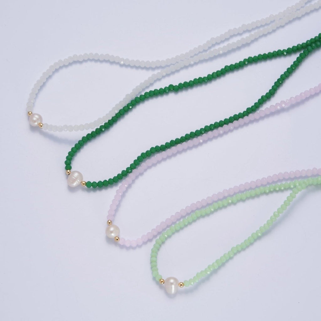 Dainty Pastel Color Glass Beaded Necklace Faceted Rondell Beads with Fresh Water Pearl Necklace | WA-1030 to WA-1033 Clearance Pricing