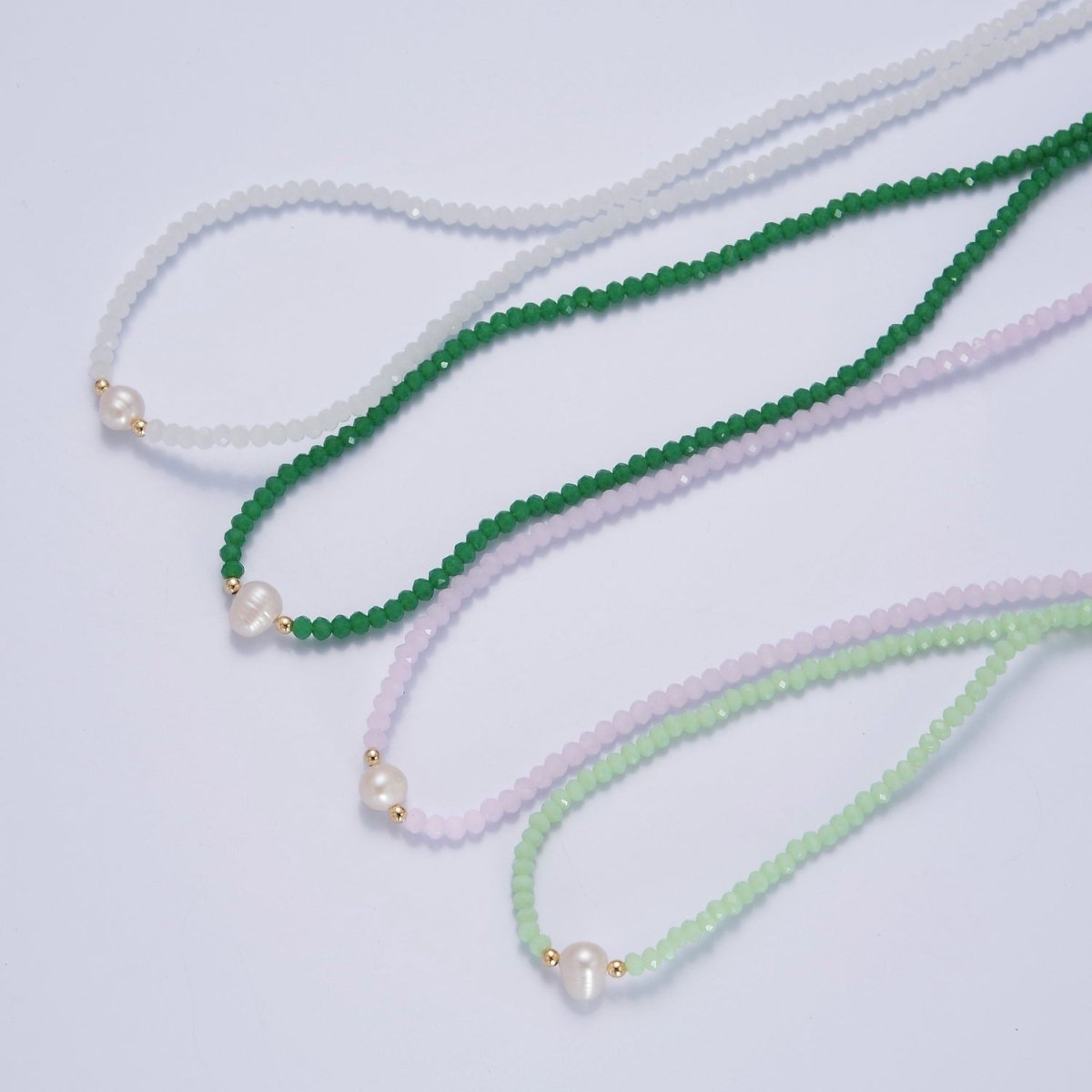 Dainty Pastel Color Glass Beaded Necklace Faceted Rondell Beads with Fresh Water Pearl Necklace | WA-1030 to WA-1033 Clearance Pricing