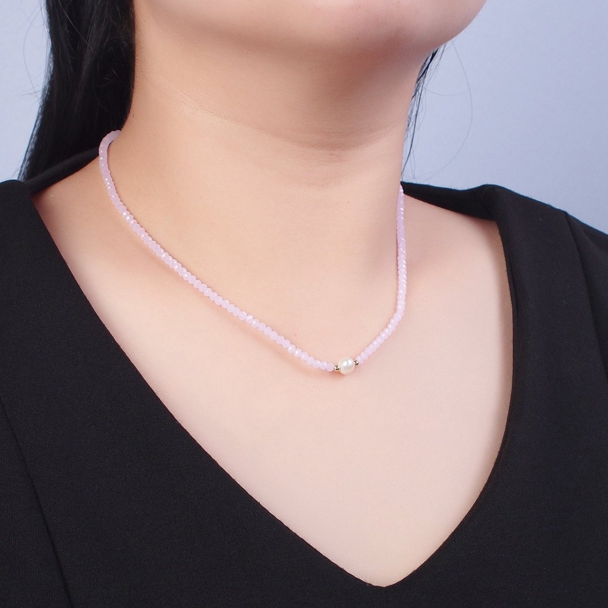 Dainty Pastel Color Glass Beaded Necklace Faceted Rondell Beads with Fresh Water Pearl Necklace | WA-1030 to WA-1033 Clearance Pricing