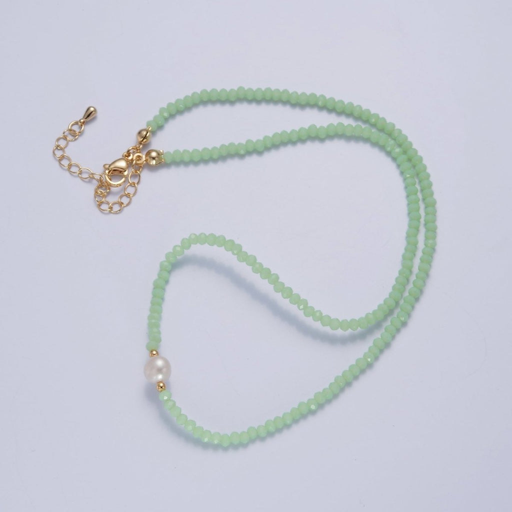 Dainty Pastel Color Glass Beaded Necklace Faceted Rondell Beads with Fresh Water Pearl Necklace | WA-1030 to WA-1033 Clearance Pricing