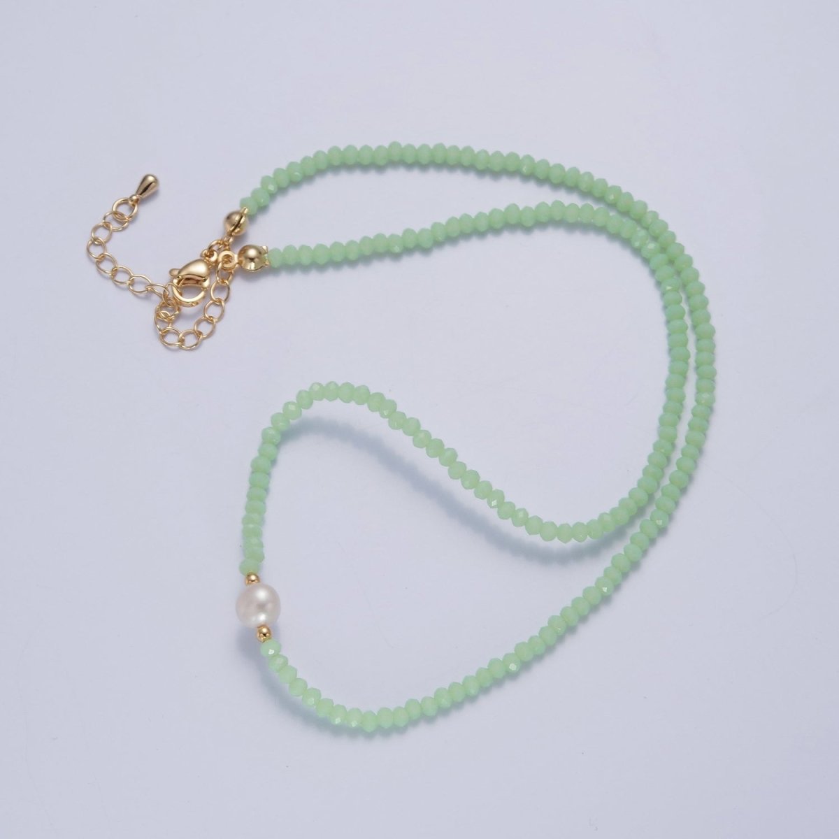 Dainty Pastel Color Glass Beaded Necklace Faceted Rondell Beads with Fresh Water Pearl Necklace | WA-1030 to WA-1033 Clearance Pricing