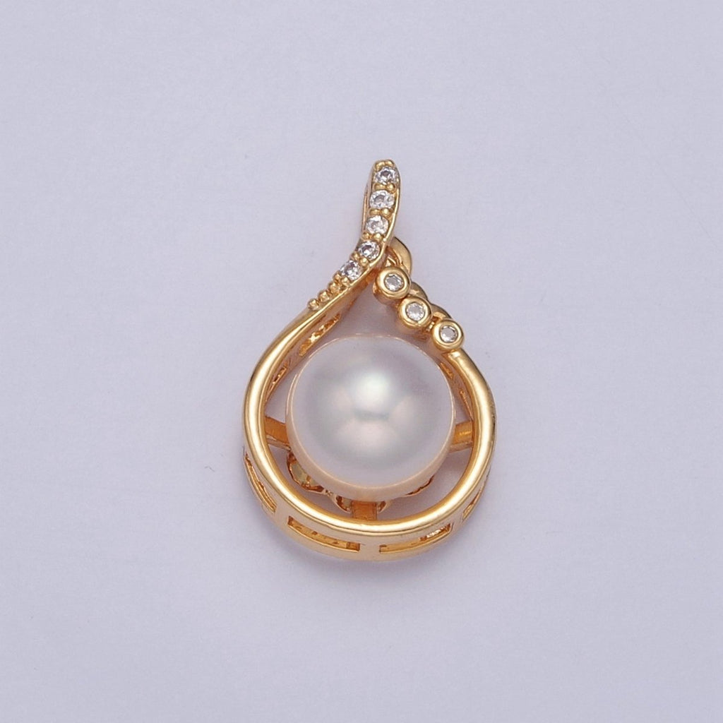 Dainty Pave Charm Genuine Shell Pearl Pendant Minimalist Bridal Wedding Jewelry J-692 - DLUXCA