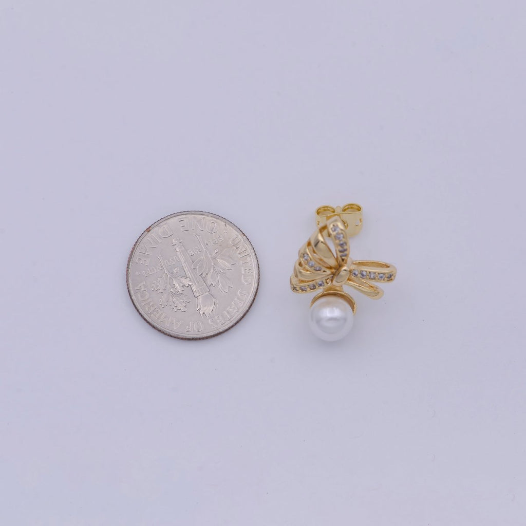 Dainty Pearl Bow Earring Stud with Cubic Zirconia Q-121 - DLUXCA