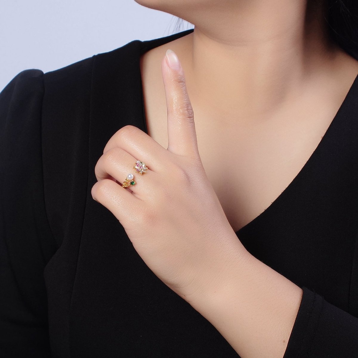 Dainty Pearl Flower Ring with Color Cz Stone O-2104 - DLUXCA