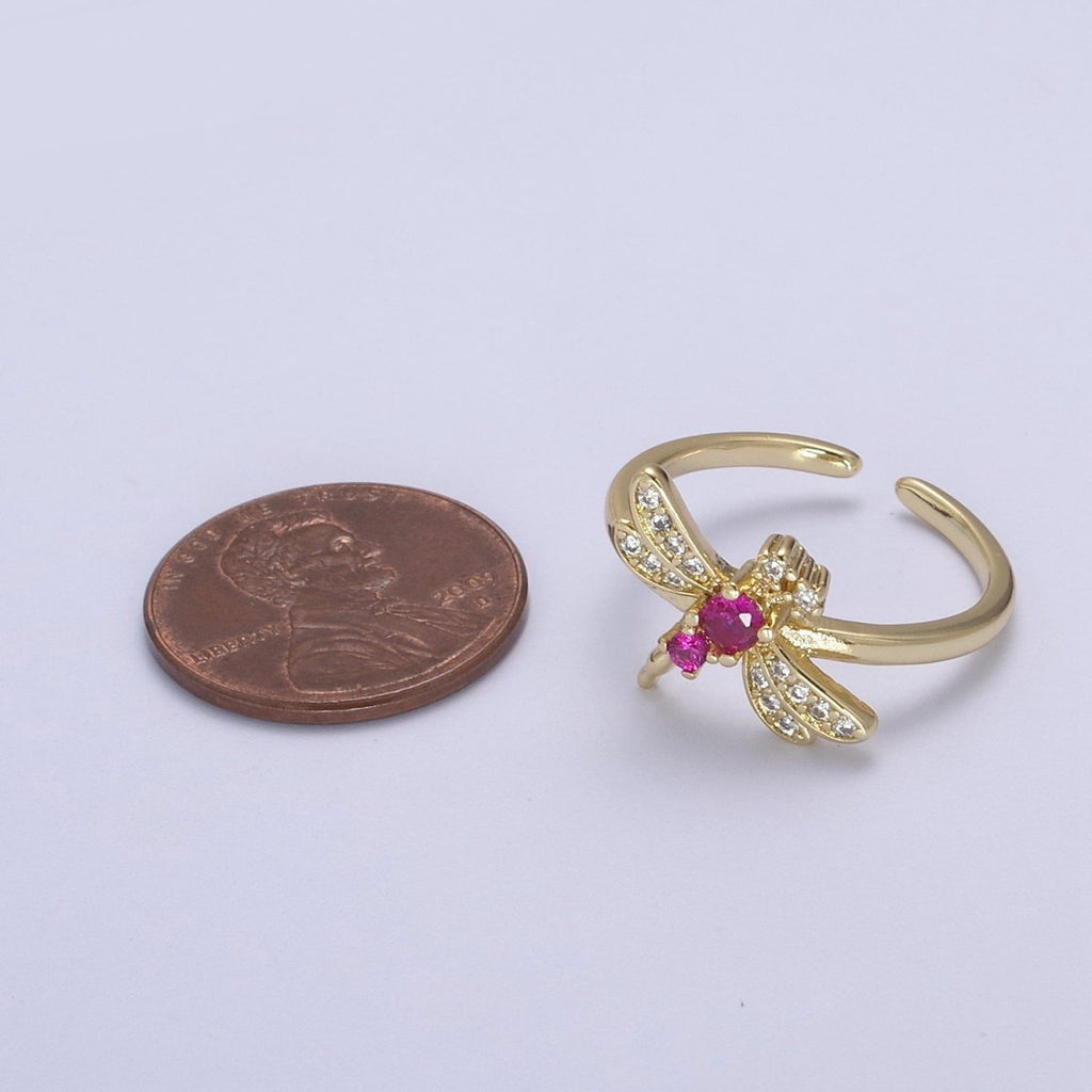 Dainty Pink Fuchsia Micro Pave Dragonfly Adjustable Ring, Minimalist 24K Gold plated Nature Jewelry U-437 - DLUXCA
