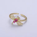 Dainty Pink Fuchsia Micro Pave Dragonfly Adjustable Ring, Minimalist 24K Gold plated Nature Jewelry U-437 - DLUXCA