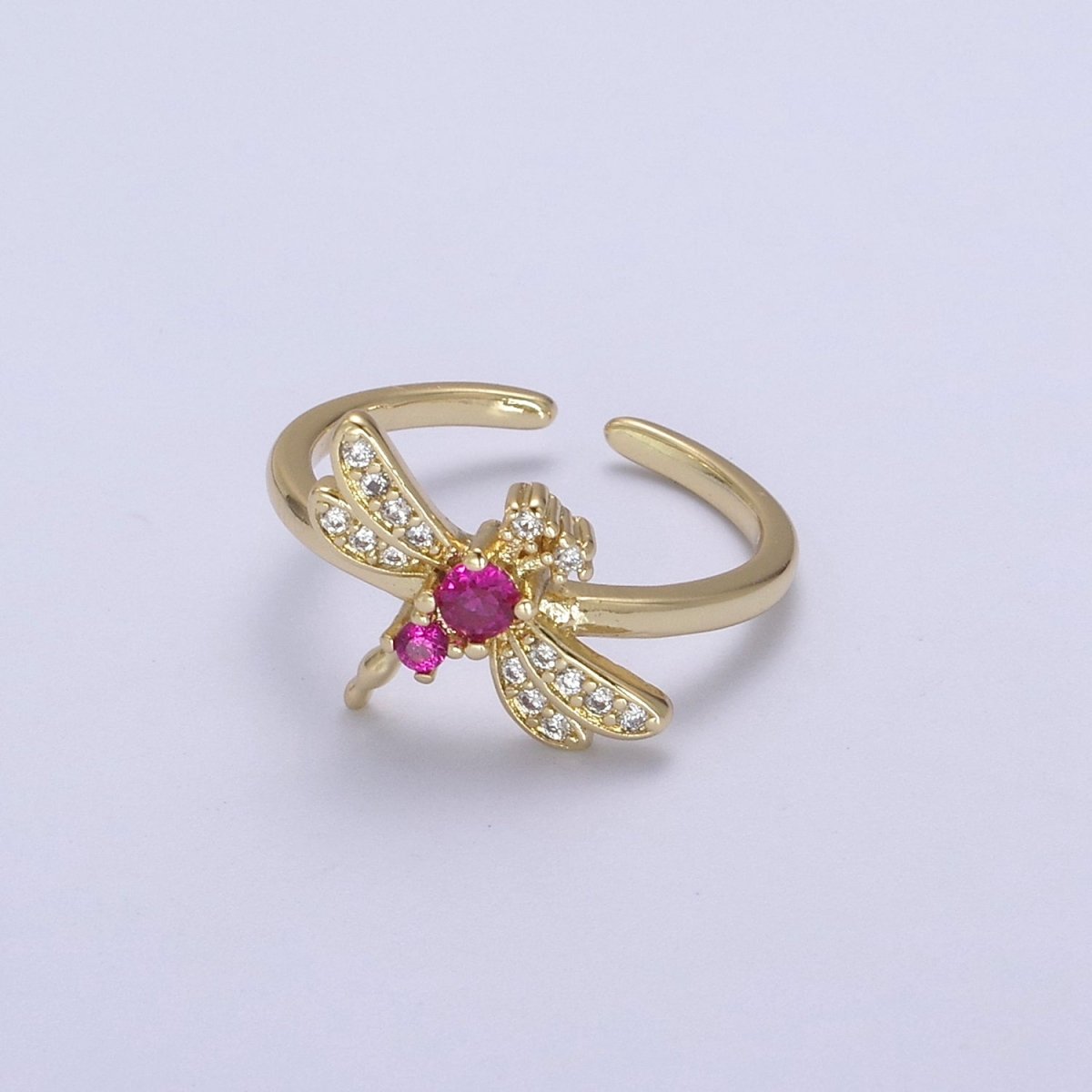 Dainty Pink Fuchsia Micro Pave Dragonfly Adjustable Ring, Minimalist 24K Gold plated Nature Jewelry U-437 - DLUXCA