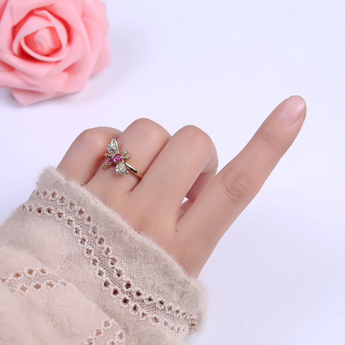 Dainty Pink Fuchsia Micro Pave Dragonfly Adjustable Ring, Minimalist 24K Gold plated Nature Jewelry U-437 - DLUXCA