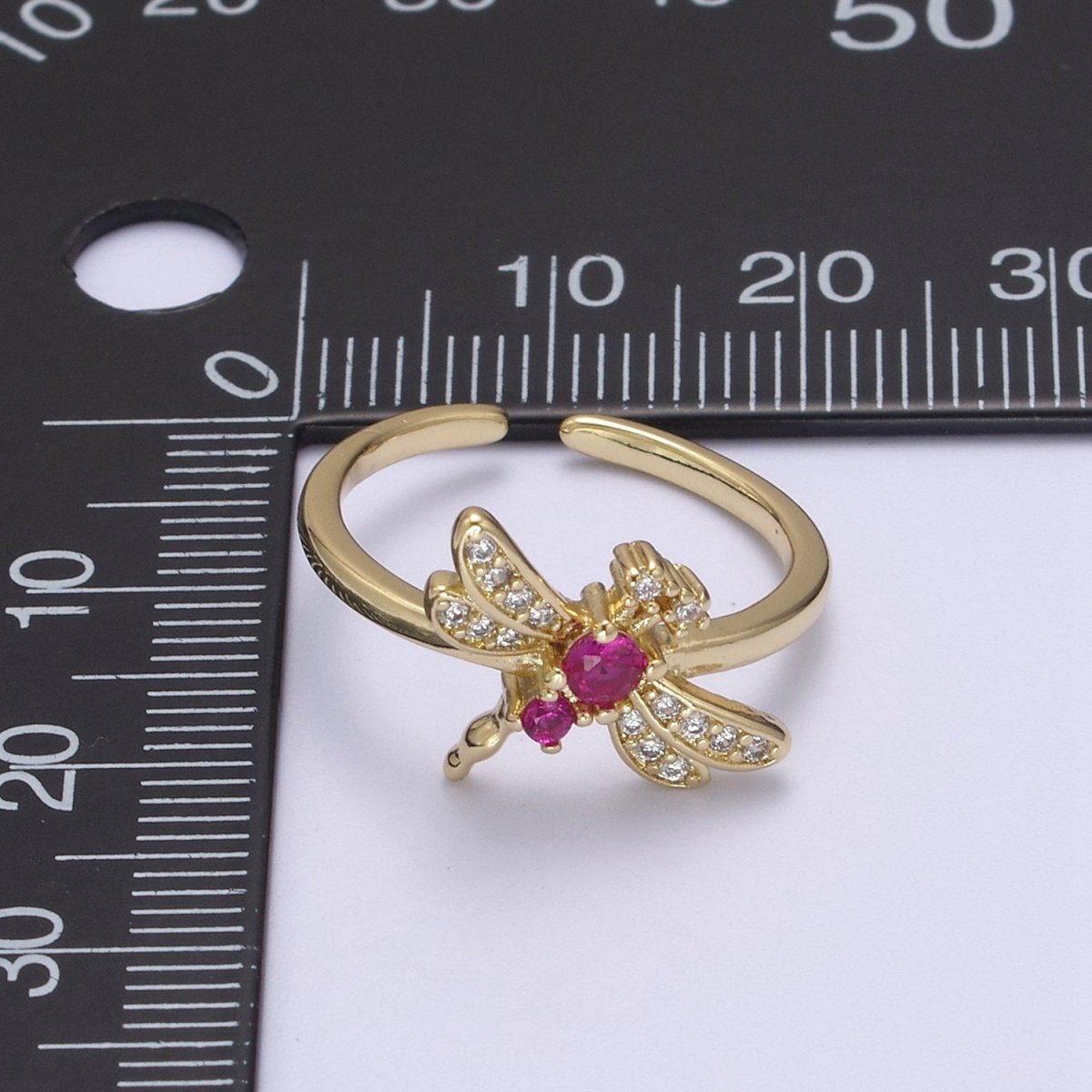 Dainty Pink Fuchsia Micro Pave Dragonfly Adjustable Ring, Minimalist 24K Gold plated Nature Jewelry U-437 - DLUXCA