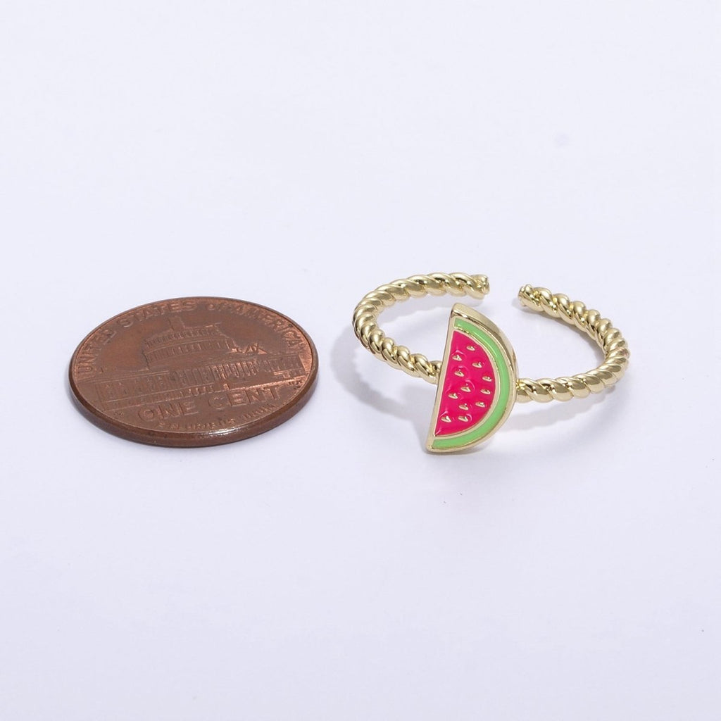 Dainty Pink Red Watermelon Ring Thin Gold plated Adjustable Ring Fruit Jewelry U-094