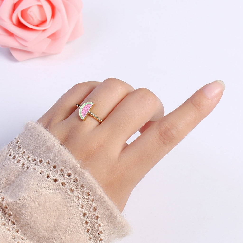 Dainty Pink Red Watermelon Ring Thin Gold plated Adjustable Ring Fruit Jewelry U-094