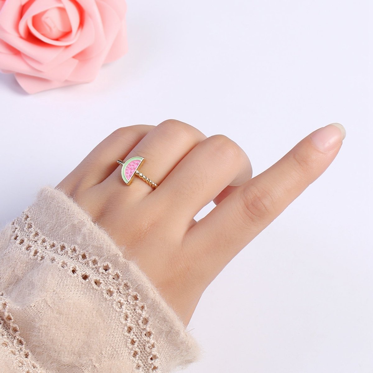 Dainty Pink Red Watermelon Ring Thin Gold plated Adjustable Ring Fruit Jewelry U-094