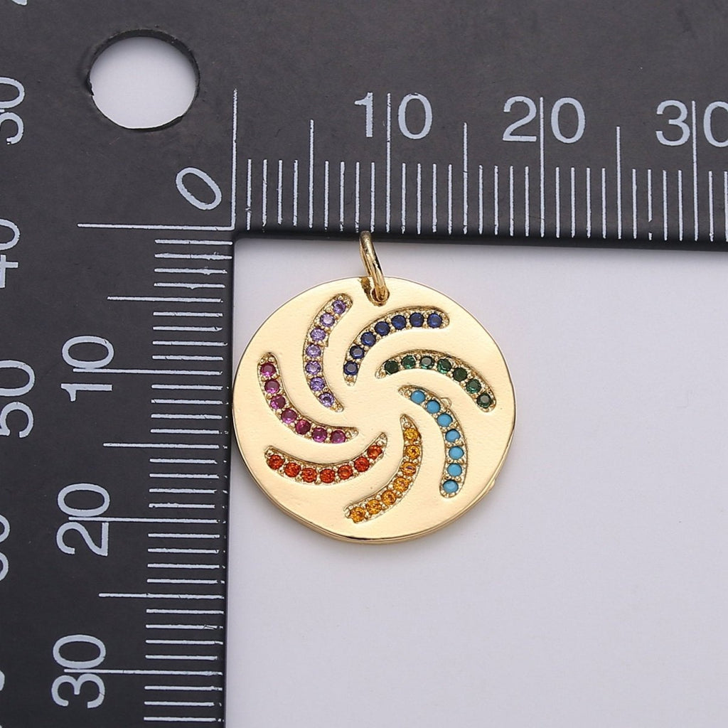 Dainty Rainbow Charm, Multi Color Charm Micro Pave Cz Pendant Disc Charm in Gold plated, C-567 - DLUXCA