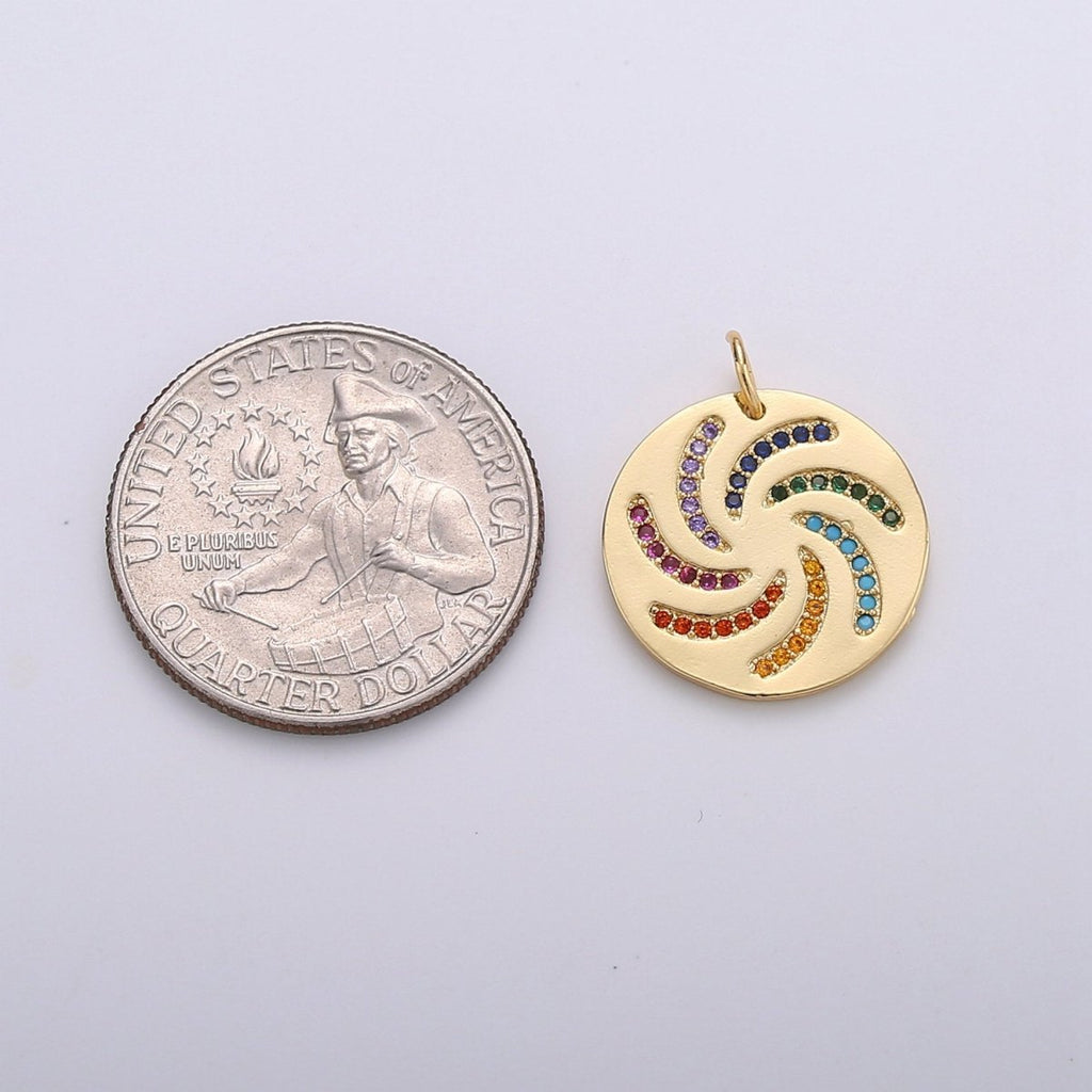 Dainty Rainbow Charm, Multi Color Charm Micro Pave Cz Pendant Disc Charm in Gold plated, C-567 - DLUXCA