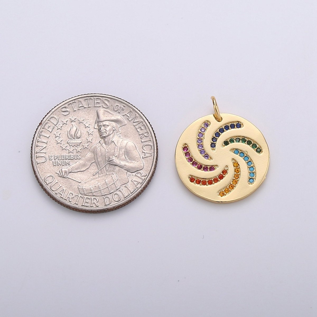 Dainty Rainbow Charm, Multi Color Charm Micro Pave Cz Pendant Disc Charm in Gold plated, C-567 - DLUXCA